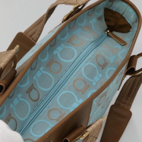 Salvatore Ferragamo Gancini Tote Bag Canvas Leather Light Blue Gold Auth gh706 - Picture 7 of 16